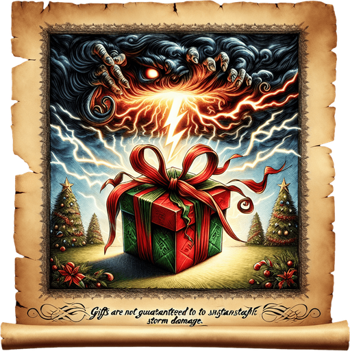 a pergament of a christmas present hit by a storm lightning in the sky. There is the text: "Gifts are not guaranteed to withstand storm damage."