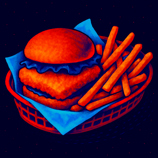 A fish burger and fries in a basket lined with paper.