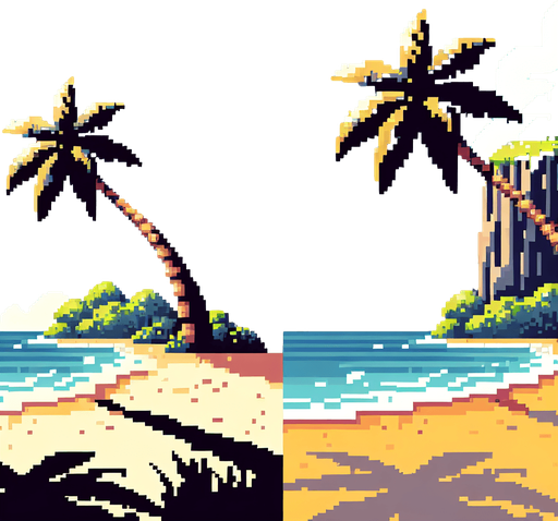 pixelart cartoon beach schene. just the beach and a big palm tree. no background..
Single Game Texture. In-Game asset. 2d. Blank background. High contrast. No shadows.