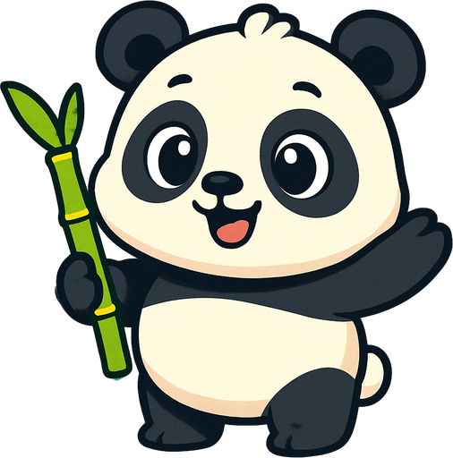 A cute cartoon-style panda character for a mobile game. Chubby body with classic black and white fur, big round eyes with a sparkle, small ears, sitting or standing upright with a happy, playful expression. Holding a bamboo stick or waving. Colorful, simple background. High-quality digital illustration, ideal for a children’s game.”.
In-Game asset.  2d.  High contrast.  No shadows. cartoon style