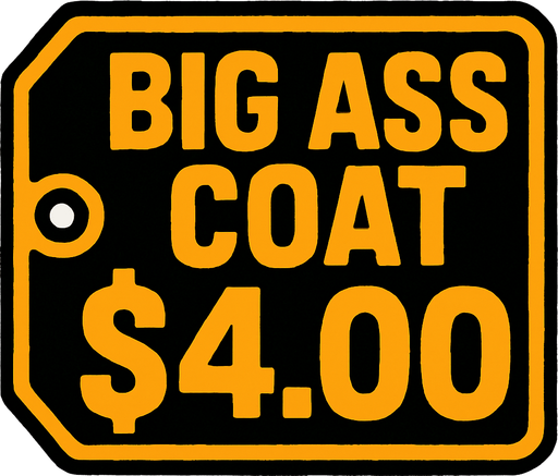Price tag that says big ass coat $4.00.
In-Game asset.  2d.  High contrast.  No shadows