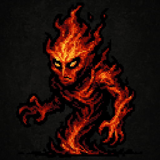 Ateş ruhu karakteri dark souls style 2d pixel art.
In-Game asset.  2d.  High contrast.  No shadows