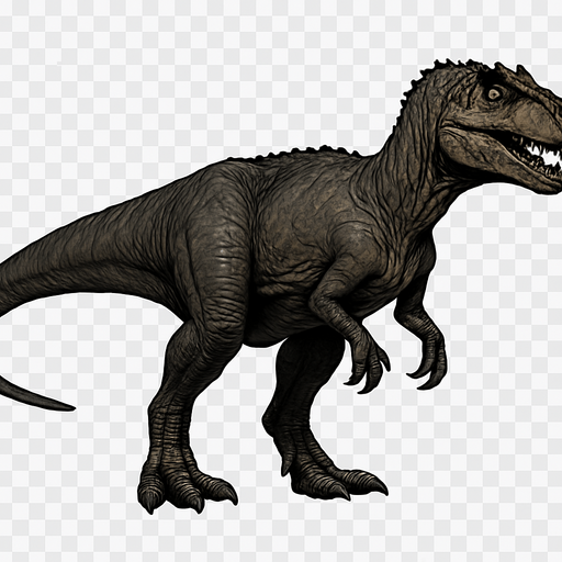 A medium-large Allosaurus dinosaur depicted in a neutral standing pose on a transparent background. Its muscular body is covered with dark gray and earthy brown scaly skin, with subtle scars and wrinkles. The head is narrow and elongated, featuring sharp teeth visible in a slightly open mouth and prominent ridges above the eyes. Its strong legs end with sharp claws, and the long tail extends straight for balance. The skin texture is rough and detailed, giving a lifelike, ancient predator look..
In-Game asset.  2d.  High contrast.  No shadows