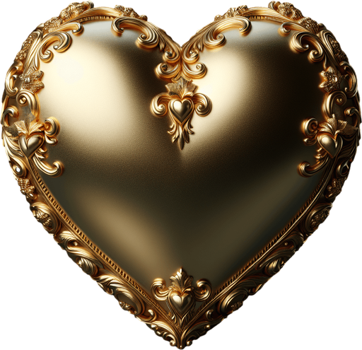 Big shining gold heart verly slightly ornate.
face view.