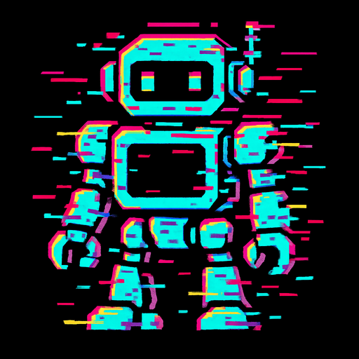 glitch robot.
In-Game asset.  2d.  High contrast.  No shadows
