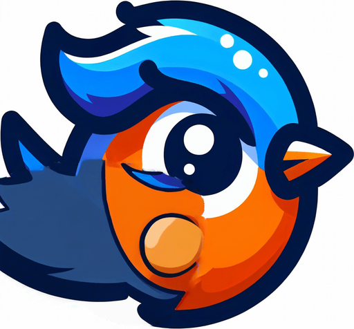 Blue wing flapped up on orange bird. Cartoon style. Dark blue outlines.