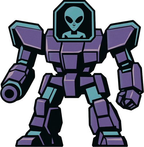 Giant space robot with grey alien controlling it from cockpit in head
In-Game asset.  2d.  High contrast.  No shadows