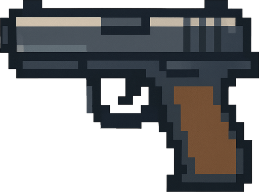 Handgun pixel its look left.
In-Game asset.  2d.  High contrast.  No shadows