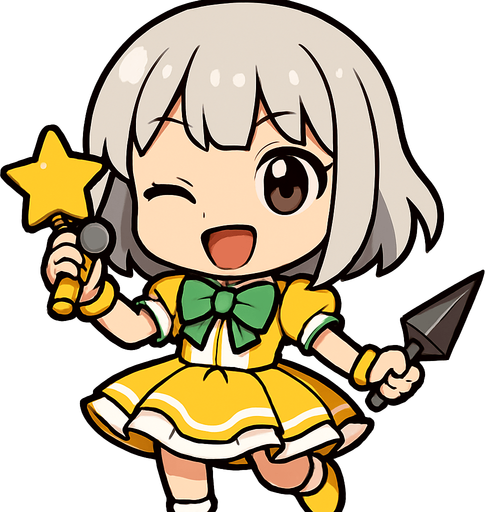 Esta chica tiene un diseño de estilo chibi anime, lo que le da un aspecto adorable y expresivo. Aquí va una descripción detallada:

🔸 Apariencia general:
Es una niña pequeña de proporciones caricaturescas, con cabeza grande y cuerpo diminuto, típica del estilo chibi.

🔸 Cabello:
Cabello platinado o gris, corto, llega hasta sus hombros. Flequillo recto.

🔸 Ropa:
Viste un traje colorido similar al de una idol japonesa:

Vestido amarillo y blanco con detalles verdes

Moño verde en el pecho

Falda con vuelo, adornada con líneas blancas y amarillas

🔸 Accesorios:

Lleva un micrófono con forma de estrella en una mano, lo que sugiere que es una cantante o idol.

En la otra mano, sostiene kunak, lo cual le da un toque de una ninja alegre
🔸 Expresión:
Tiene una expresión alegre, decidida y enérgica, como si estuviera lista para una canción. Un ojo cerrado y la boca abierta de felicidad, simulando que canta feliz para sus fans.
In-Game asset.  2d.  High contrast.  No shadows