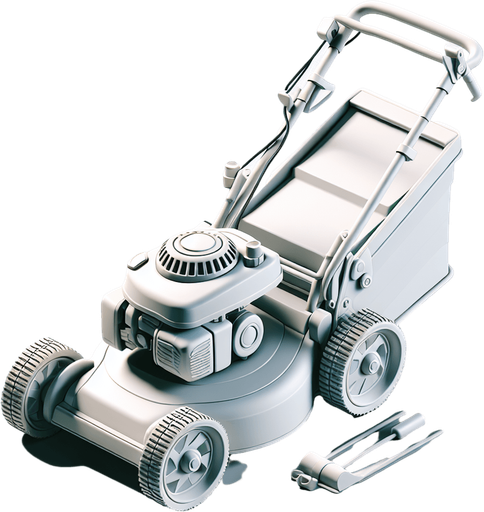 White lawnmower.
Single Game Texture.  In-Game asset.  2d.  Blank background.  High contrast.  No shadows
