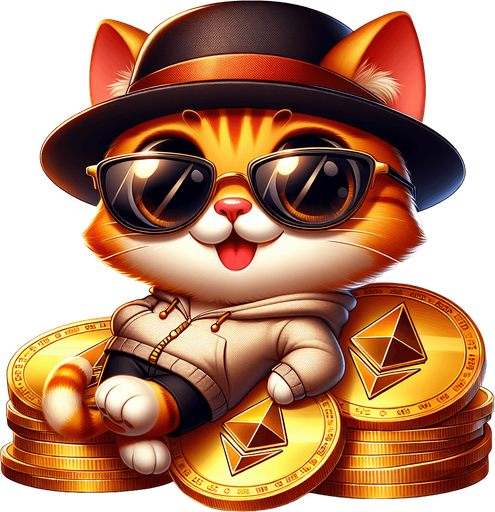 The character in the image now embodies the essence of wealth and sophistication, portrayed as a cartoon-style orange tabby cat with eye-catching stripes. Its round face boasts oversized, round, dark opaque sunglasses, and features a prominent, exaggerated red pout shaped like a duck's bill. Although the cat's body appears smaller in comparison to its head, contributing to its adorable, chubby look, it's the epitome of affluence. Adorning its head is a classy black top hat, adding an extra layer of sophistication. Dressed in a simple, light-colored hoodie with a drawstring, the cat is perched majestically atop a lavish pile of golden Ethereum tokens, showcasing its prosperity in the digital currency sphere. With its paws displayed in front, the cat sits in a relaxed pose, exuding a sense of serene command over its wealth. This plush adaptation of the character, blending playfulness with a motif of riches and luxury, serves as an ideal figure for narratives centered on financial success, making it a perfect mascot for financial education platforms or as a captivating character in children's stories about the value of money and investment..
Single Game Texture. In-Game asset. 2d. Blank background. High contrast. No shadows.