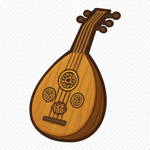 A clean, stylized 2D illustration of a traditional Middle Eastern oud instrument. The body should be teardrop-shaped with a wooden texture, 5–6 tuning pegs, and ornate sound holes. The image should have a warm, earthy color palette (browns and golds) with soft shadows and a clear outline. Designed in cartoon or flat vector style, suitable for mobile games. Export as a transparent background PNG, so it can be placed over any UI or background. Should be visually clear even at small sizes..
In-Game asset.  2d.  High contrast.  No shadows
