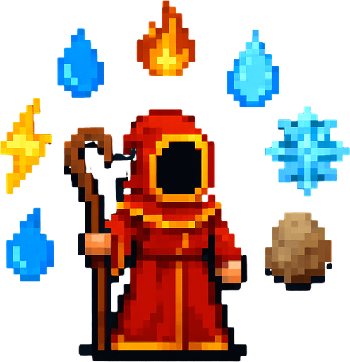 A pixel style magician from Magicka who has an arc around him of elements to be casted (fire, water, ice, rock, etc).
In-Game asset.  2d.  High contrast.  No shadows