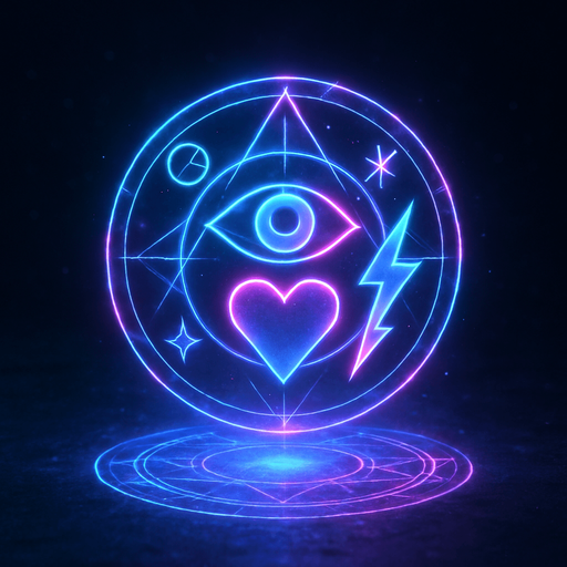 Magical spell effect 3d cyberpunk hologram sigils geometry eyeball heart lightning glow