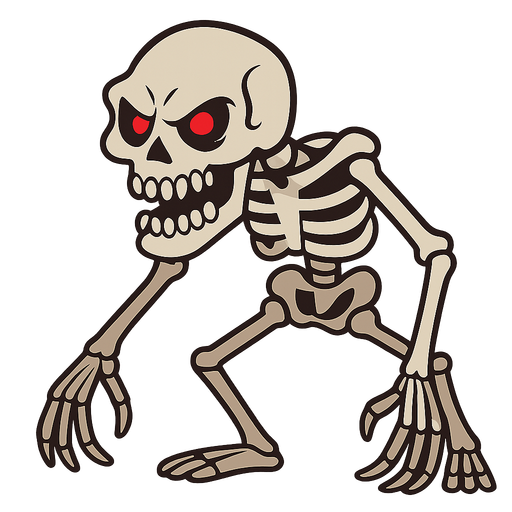 A skeleton with 3 legs and a creepy face and red eyes. No background. Transparent background. Blank background. No shadows. 2d. In-Game asset. flat