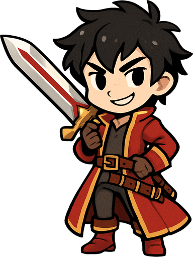 Un espadachín en estilo chibi/cuerpo completo. Es un joven de cabello negro algo desordenado, piel clara y expresión confiada, con una sonrisa desafiante. Viste un abrigo largo rojo hasta los tobillos, abierto al frente, con bordes dorados y un cinturón que ajusta a la cintura. Bajo el abrigo lleva una camiseta oscura, pantalones grises ajustados y botas rojas con detalles dorados. En su cintura lleva correas y fundas decorativas. Porta una gran espada de hoja plateada con brillo metálico y detalles en rojo, con la empuñadura dorada. Su pose transmite seguridad y carisma, como si estuviera listo para un combate pero también disfrutara de la situación..
In-Game asset.  2d.  High contrast.  No shadows