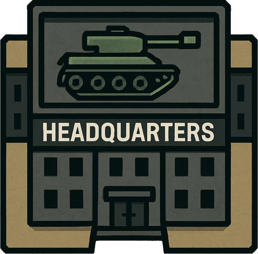 Kuş bakışı acısından bir karargah binası ve çatısımda tank resmi
In-Game asset.  2d.  High contrast.  No shadows