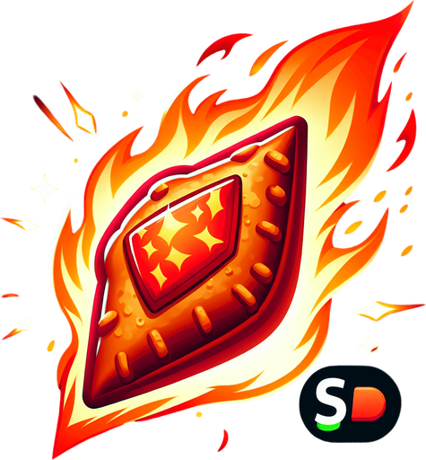 Create a spicy red samosa with flames, symbolizing a speed boost. The samosa should have a glowing effect and fire particles around it..
Single Game Texture.  In-Game asset.  2d.  Blank background.  High contrast.  No shadows