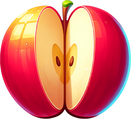 apple fruit is cut into two halves with a slight separation to match the style of Fruit Ninja.
Single Game Texture.  In-Game asset.  2d.  Blank background.  High contrast.  No shadows