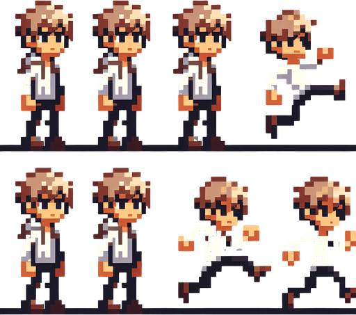 pixelate game hero character, in idle animations, jumping animations, and running animations.
Single Game Texture. In-Game asset. 2d. Blank background. High contrast. No shadows.