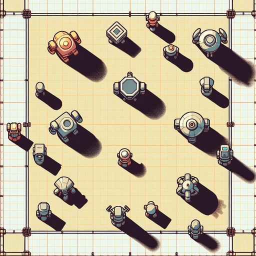 Ensure that the image is created with a top-down perspective, meaning the viewer is looking directly down onto the scene. This involves drawing objects as if they are being viewed from above.
Objects should be oriented to show their tops. For example, robots might be shown with their heads at the top and feet at the bottom..
Single Game Texture. In-Game asset. 2d. Blank background. High contrast. No shadows.