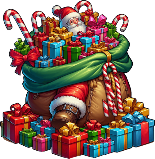 open top of Santa's sack. wrapped presents with ribbons and box, vivid colours, candy canes Single Game Texture. In-Game asset. 2d. Blank background. High contrast. No shadows.