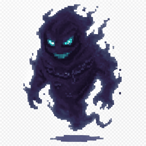 Create a pixel-art ghostly character based on the Turkish folklore concept of a "cin" (djinn). The character should have a semi-transparent, smoky body with ethereal, shifting edges. Its face should be menacing, with glowing green or blue eyes and a faint, wicked smile. Add small, broken chains or mystical symbols faintly visible on its body to suggest it was once sealed. It should be levitating, with ghost-like movement and a cursed aura. The color palette should include shades of dark blue, purple, and gray. 2D horror game style, PNG with transparent background, idle or float animation frame..
In-Game asset.  2d.  High contrast.  No shadows