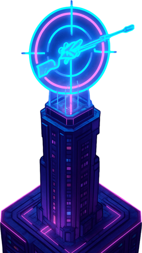 Top down isometric neon cyberpunk anime talk futuristic tower spire 3d sniper bullseye gun symbol glowing hd large hologram over top