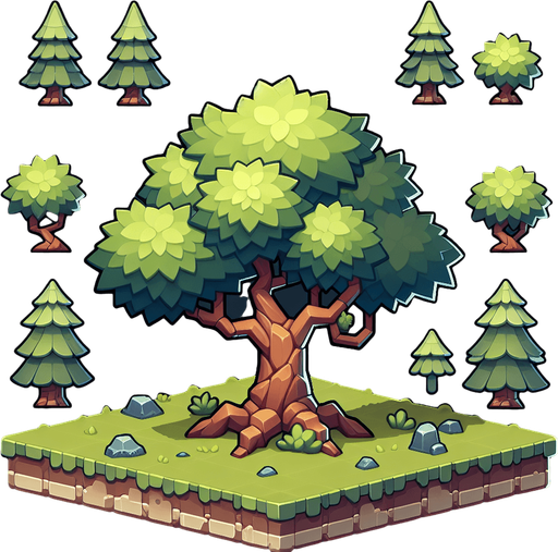 A tree in a rts style Single Game Texture. In-Game asset. 2d. Blank background. High contrast. No shadows.