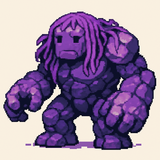 Genera una imagen de un monstruo corrupto morado de piedra qué no sea tan terrorífico, y que sea pixel.Y qué tenga manos grandes, y torso y que la cabeza no sea tan terrorífico, y no le ponga ojos perturbadores, y que su cabeza sea de un tamaño moderado no muy grande, que algo que si sea grande sea sus brazos, y que tenga algas moradas y que tenga algunas piedras moradas y otras piedras que no sean moradas qué sean grises 
In-Game asset.  2d.  High contrast.  No shadows.