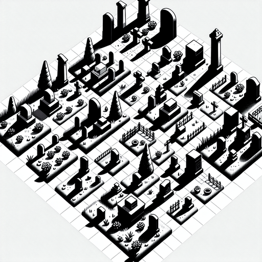 graveyard, top view.
Single Game Texture. In-Game asset. 2d. Blank background. High contrast. No shadows.