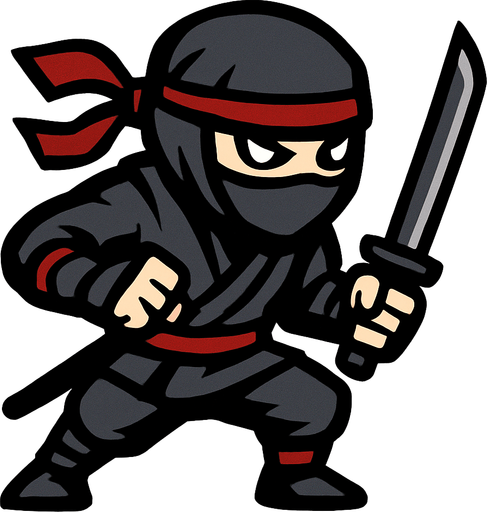 A generally black and grey ninja, but with a few red details..
In-Game asset.  2d.  High contrast.  No shadows