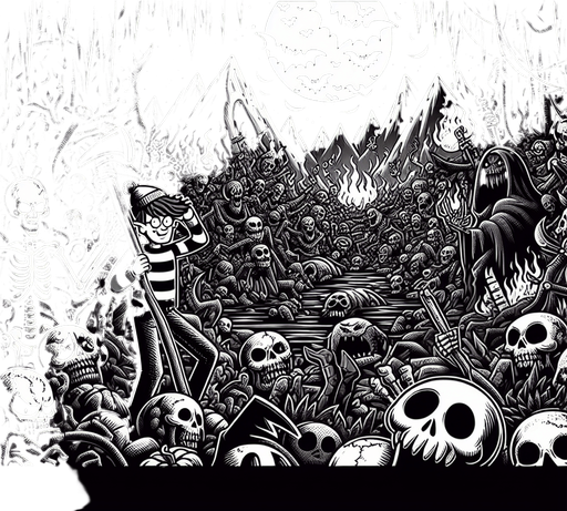 Generate a high quality cartoon background Halloween image on a black canvas similar to the format of where is waldo with a hellish environment.
Single Game Texture. In-Game asset. 2d. Blank background. High contrast. No shadows.