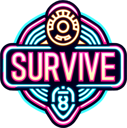 retro sign that says "Survive" with an face symbol in neon colors...
Single Game Texture. In-Game asset. 2d. Blank background. High contrast. No shadows.