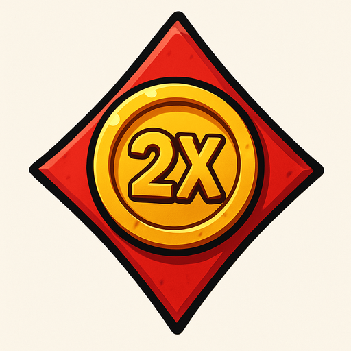 The diamond card suit with a coin in the center. The coin has a ‘2X’ in the center.  Anime style..
In-Game asset.  2d.  High contrast.  No shadows
