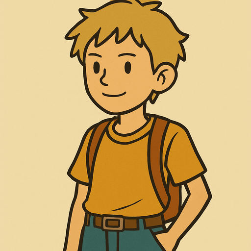 15 yo boy with short scruffy blonde hair professor Layton game style.
In-Game asset.  2d.  High contrast.  No shadows