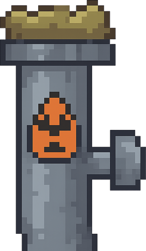 Tubería gris radioactiva estilo pixel de 1983. No background. Transparent background. Blank background. No shadows. 2d. In-Game asset. flat
