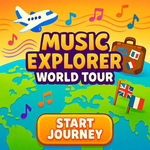 A vibrant, 2D digital illustration of a game title screen for a mobile game called "Music Explorer: World Tour". The background shows a colorful world map faded into the backdrop, with cartoon-style travel elements like a flying airplane, musical notes floating across the sky, sound waves, a suitcase with passport stickers, and flags of different countries . The top area is open and softly glowing for placing the title text. The bottom center has space for a large, fun "Start Journey" button. The style is clean, playful, and polished, perfect for kids and casual players..
In-Game asset.  2d.  High contrast.  No shadows
