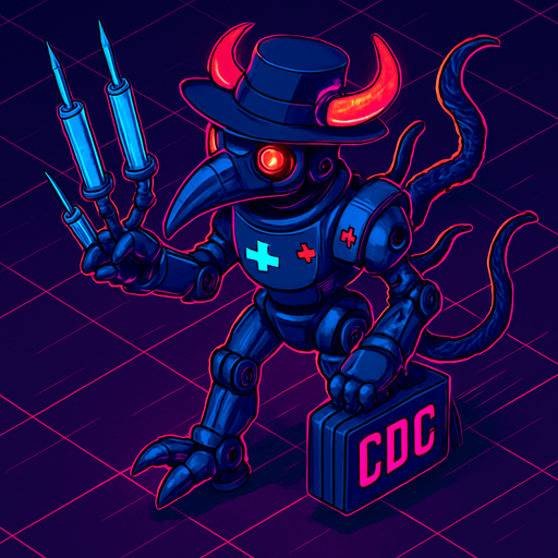 Neon cyberpunk anime top down isometric animatronic plague doctor cyborg demon medic CDC corporate robot monster disease pestilence medicine syringes Walking