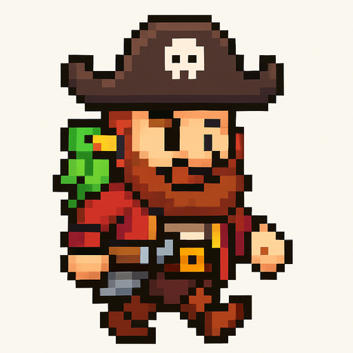 El pirata debe ser un personaje simpático y reconocible en estilo pixel art, con sombrero tricornio negro o marrón con una calavera blanca en el centro, un parche en uno de los ojos, barba o bigote corto, y una expresión decidida o divertida; su ropa debe incluir una chaqueta roja o azul, cinturón ancho, pantalones cortos y botas, todo con detalles simples pero claros; puede tener un accesorio como una espada al cinto o un loro en el hombro, y su animación debe mostrarlo caminando o balanceándose ligeramente como si estuviera en un barco; el fondo debe ser transparente y el diseño debe ser compacto, ideal para un juego colorido y caricaturesco..
In-Game asset.  2d.  High contrast.  No shadows