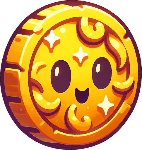 Монетка золотая мультяшная.
Single Game Texture.  In-Game asset.  2d.  Blank background.  High contrast.  No shadows