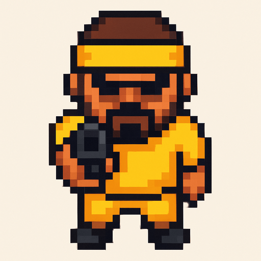 pandillero de amarillo hecho con pixeles con perspectiva desde arriba visto de frente apuntando hacia enfrente con un arma
In-Game asset.  2d.  High contrast.  No shadows