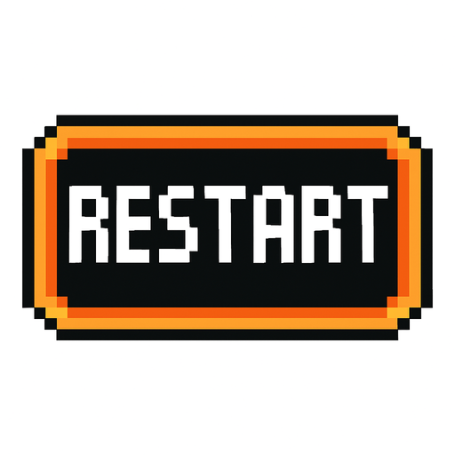 restart button, orange outline, white text, pixel art..
In-Game asset.  2d.  High contrast.  No shadows