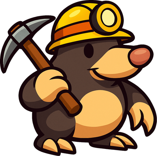 Mole with a minerer's hat and a pickaxe.
In-Game asset.  2d.  High contrast.  No shadows