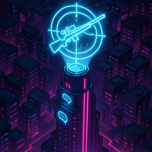Top down isometric neon cyberpunk anime talk futuristic tower spire 3d sniper bullseye gun symbol glowing hd large hologram over top