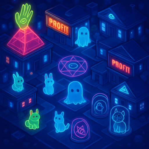 Top down isometric neon cyberpunk spooky ghost town street village town layout glowing holograms ghosts magic sigils kawaii animals