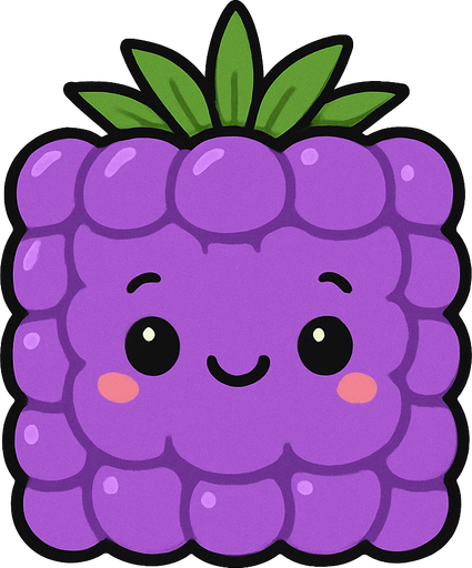 Perfectly square bright purple Blackberry with cute happyy face. Cartoon style. Cute art style. Simple vector style.