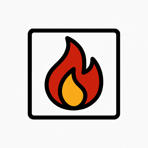 top-down view, simple minimal white square icon, centered flame symbol inside, clear sharp lines, no background, clean style, for game UI button, 30x30 px, black red yellow.
In-Game asset.  2d.  High contrast.  No shadows