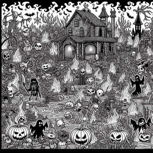 Generate a high quality cartoon background Halloween image on a black canvas similar to the format of where is waldo with a hellish environment.
Single Game Texture. In-Game asset. 2d. Blank background. High contrast. No shadows.