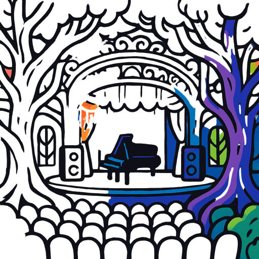 escenario de una Sala de Conciertos Viviente.
In-Game asset.  2d.  High contrast.  No shadows